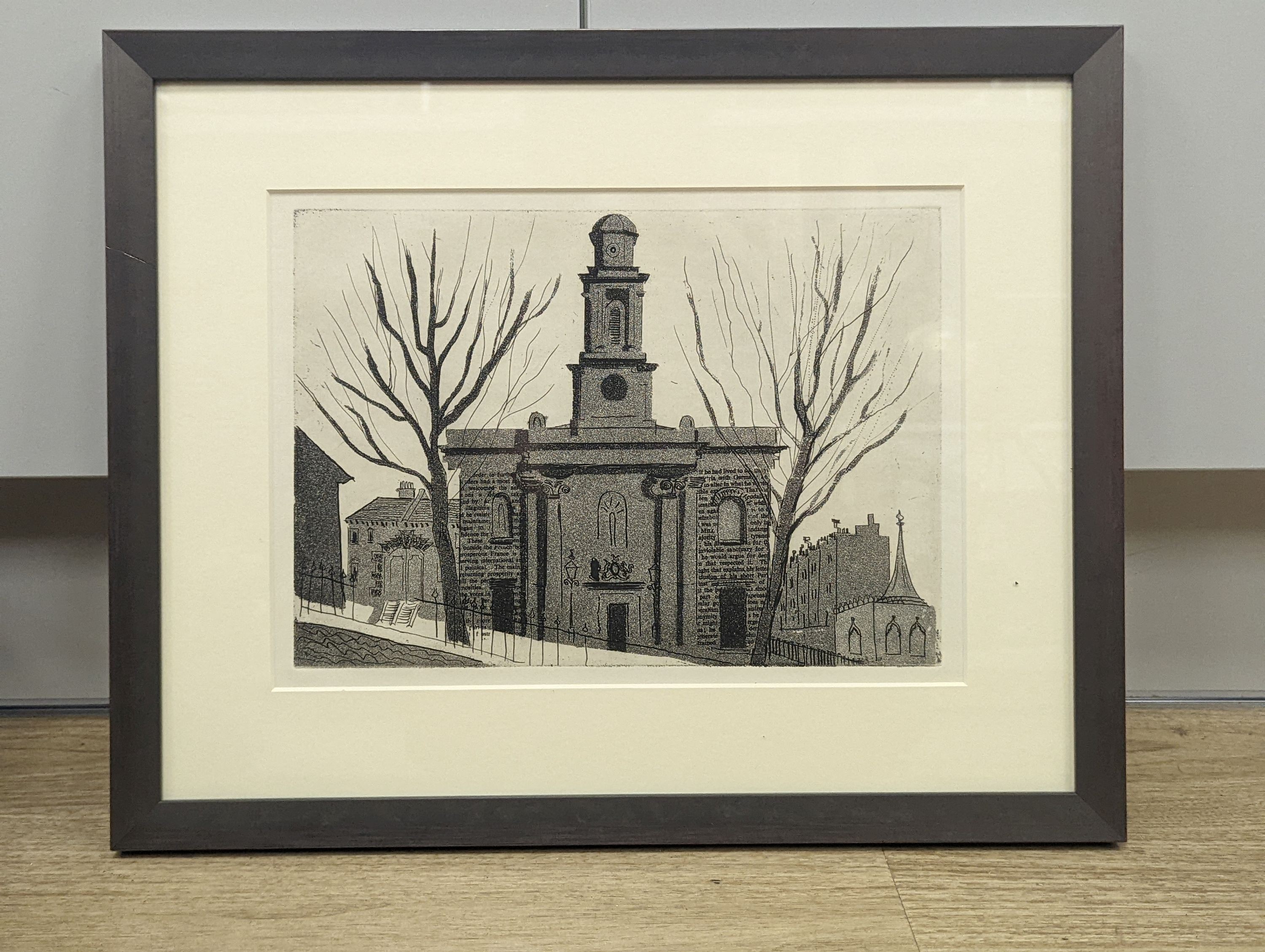 John Piper (1903-1992), etching and aquatint, ‘The Chapel of St George, Kemptown’, from the Brighton Aquatints Series, edition of 255, Goldmark Gallery label verso, 20 x 27cm